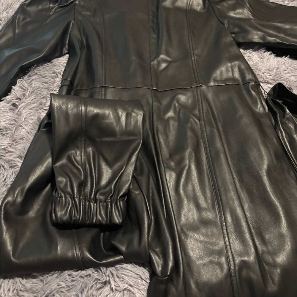 Black Faux Leather Jumpsuit, with elastic in leg